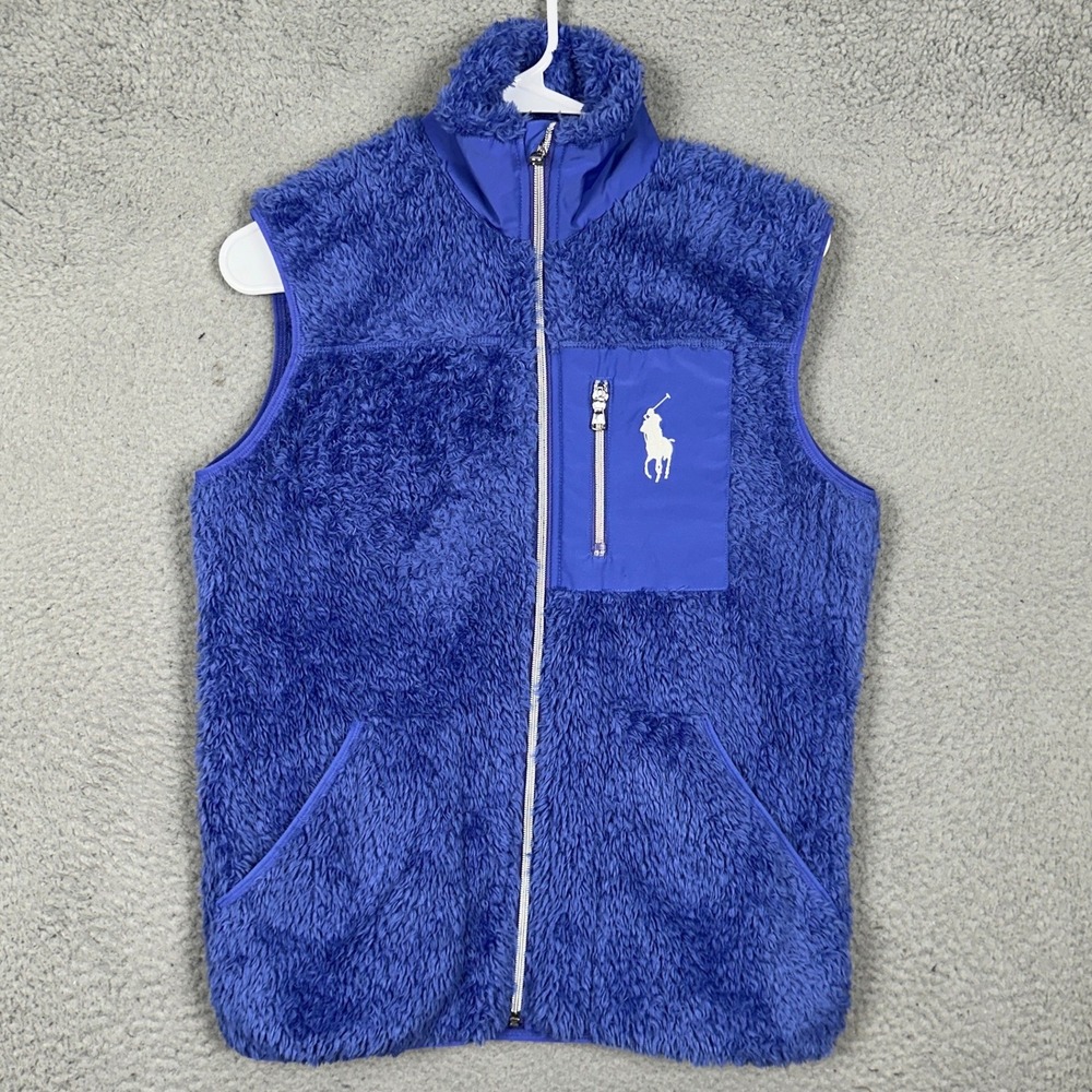 Polo Golf Ralph Lauren Vest Mens Medium Blue Full Zip High Pile Fleece Pony EUC